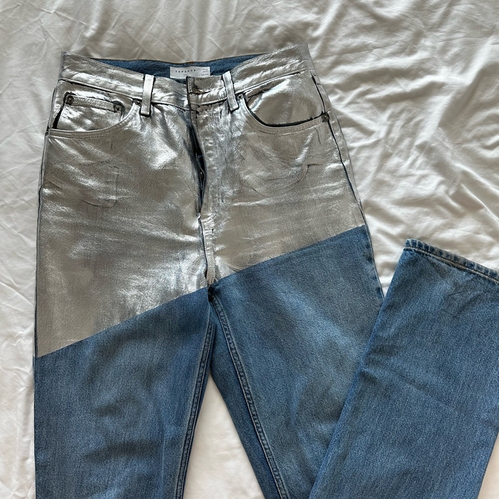 Topshop Blue and Silver Flare Wide Leg Jeans
